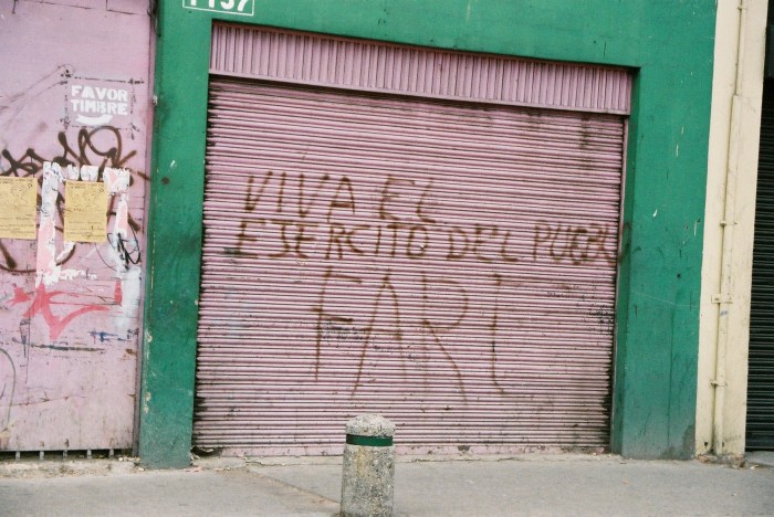 Graffiti in Colombia reads 'Viva el ejercito del pueblo FARC' i.e. 'Long live the army of the people, FARC'
